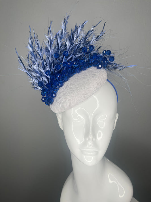 Royal Blue Feather and Crystal Fascinator White Sinamay Derby Hat