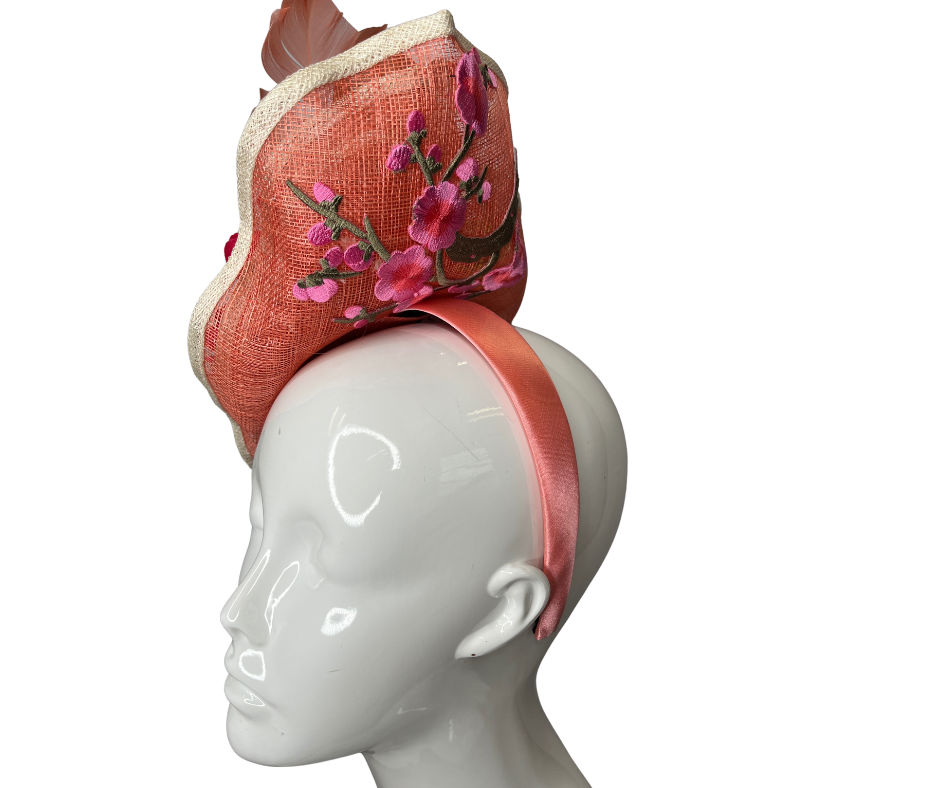 Peach Feather and Pink Floral Fascinator Hat