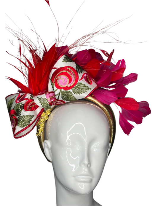 Rosette Royale Red Dark Pink and Gold Statement Fascinator