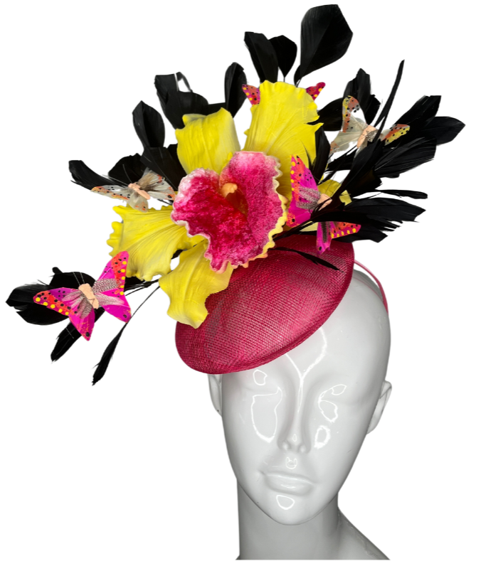 Bold Orchid & Butterfly Fascinator Pink and Yellow Statement Hat