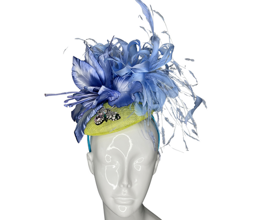 Title: Elegant Blue and Yellow Feather Fascinator Statement Hat for Derby, Weddings and Special Events