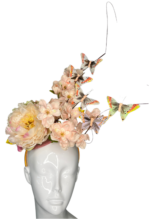Flutter Blossom Floral with Butterfly and Feather Fascinator
