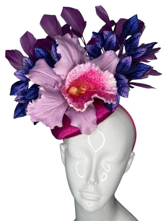 Elegant Orchid Fascinator Headpiece Purple and Pink Statement Hat