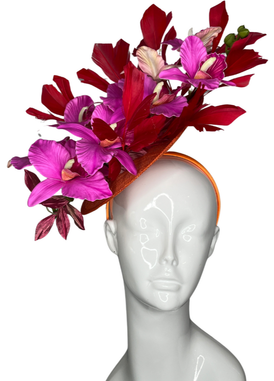 Bold Red and Pink Orchid Fascinator Statement Floral Headpiece for Derby and Special Events