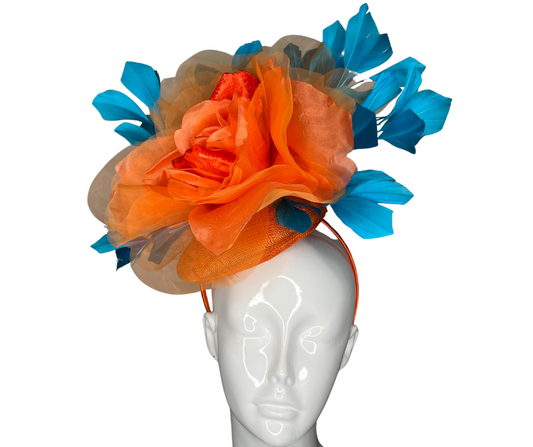 Bold Orange and Teal Fascinator Statement Headpiece for Derby, Weddings and Special Events