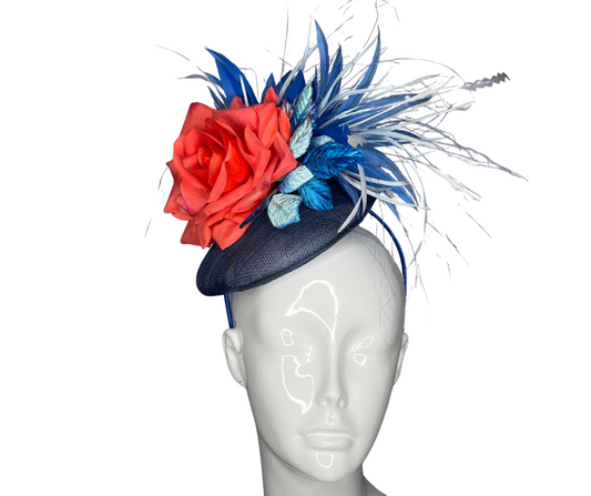 Midnight Bloom Fascinator Navy and Coral Floral Statement Headpiece