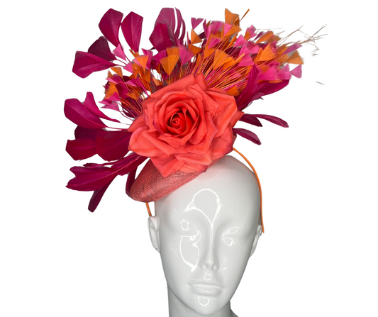 Flame Bloom Vibrant Rose and Feather Fascinator