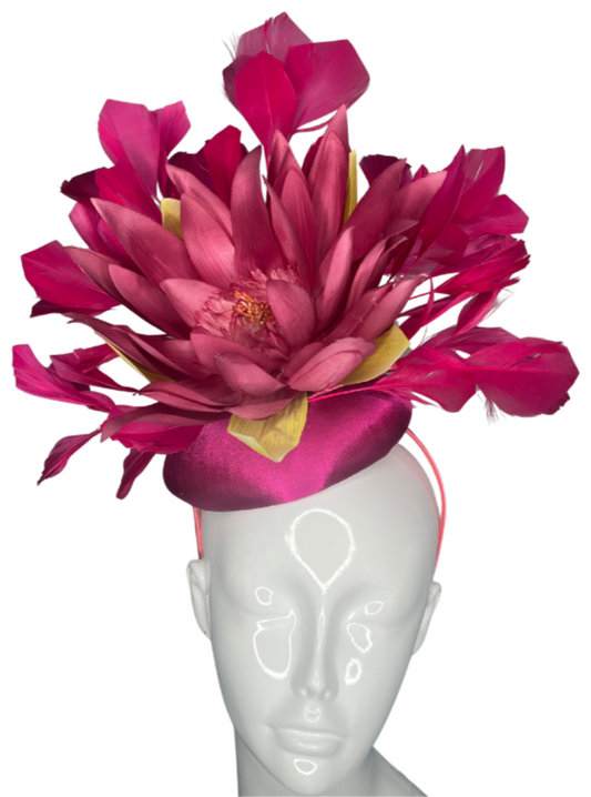 Fuchsia Bloom Fascinator Bold Statement Headpiece with Feathered Floral Design