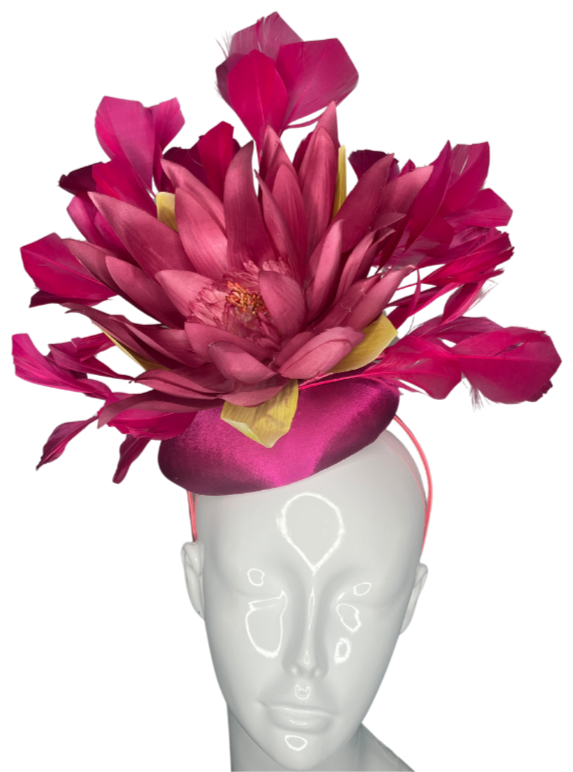 Fuchsia Bloom Fascinator Bold Statement Headpiece with Feathered Floral Design