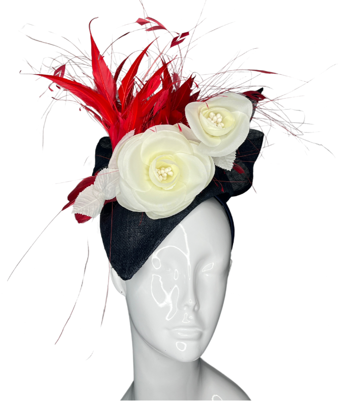 Midnight Rose with Red Feathers Fascinator Hat
