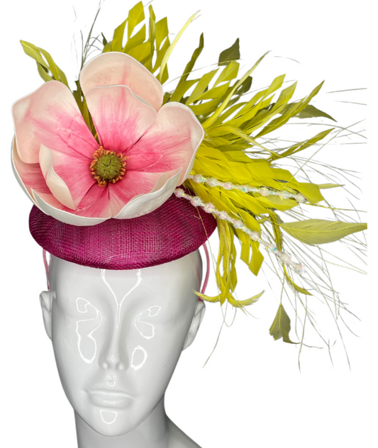 Pink & Yellow Floral Fascinator – Handmade Derby Hat, Wedding Headpiece, Tea Party Hat