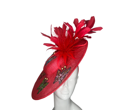 Elegant Red Butterfly Fascinator Hat Statement Wide Brim with Feathers and Embellished Detail
