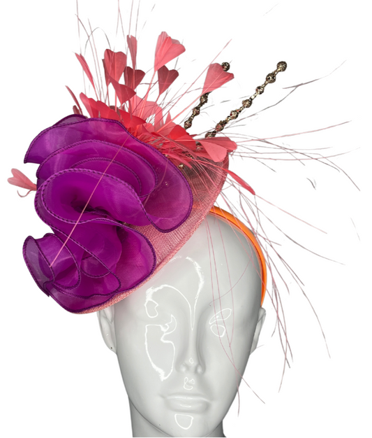 Bold Purple & Coral Fascinator Derby Hat, Wedding Headpiece, Tea Party Hat