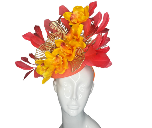 Fiery Bloom Fascinator Statement Headpiece with Orange and Yellow Flowers with Feather Accents