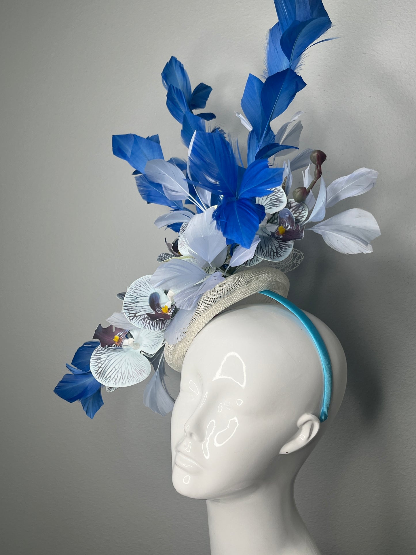 Elegant Blue Orchid Floral Feather Fascinator - Handmade Statement Hat for Weddings & Special Events