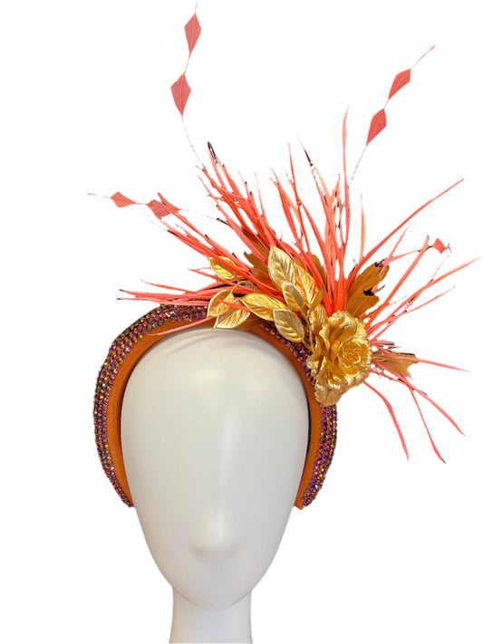 Handcrafted Coral and Brown Headband Fascinator