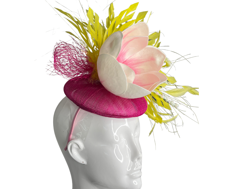 Pink & Yellow Floral Fascinator – Handmade Derby Hat, Wedding Headpiece, Tea Party Hat