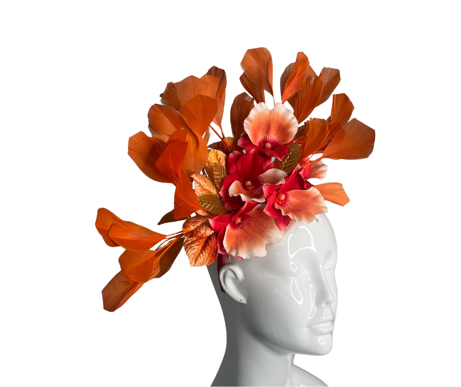 Ember Elegance Orchid and Feather Fascinator