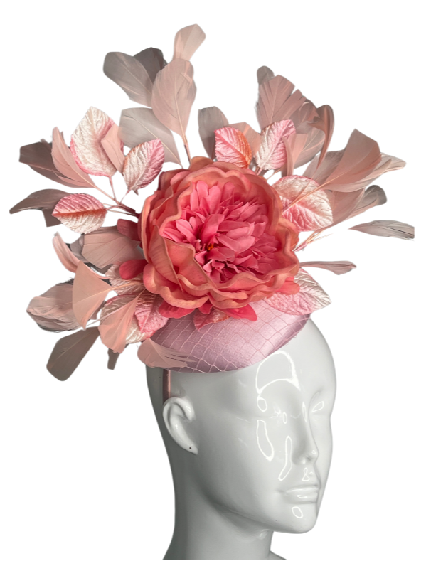 Blush Pink Floral Fascinator Elegant Statement Hat with Feathers and Bloom