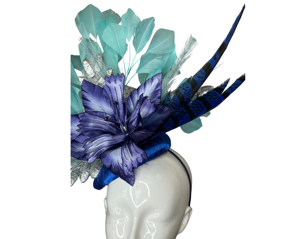 Royal Blue and Mint Feathers with Silver Embellishment Fascinator Hat
