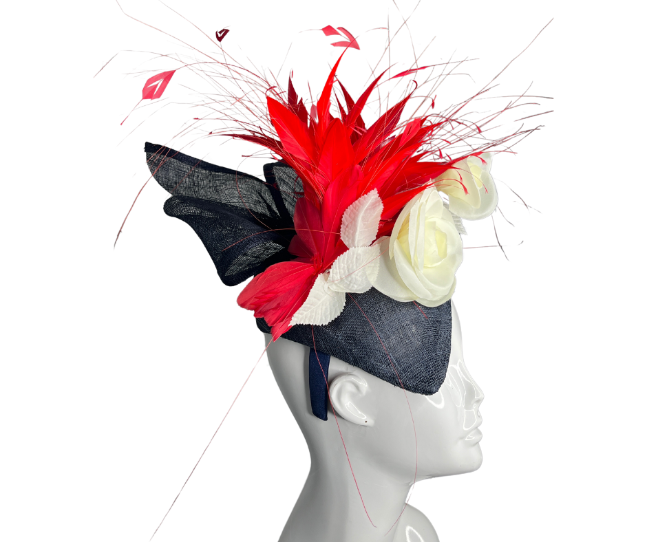 Midnight Rose with Red Feathers Fascinator Hat