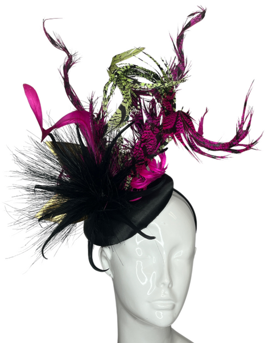 Black, Fuchsia and Green Pheasant Feathers Fascinator Hat