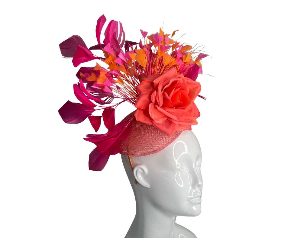 Flame Bloom Vibrant Rose and Feather Fascinator