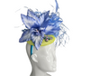 Title: Elegant Blue and Yellow Feather Fascinator Statement Hat for Derby, Weddings and Special Events