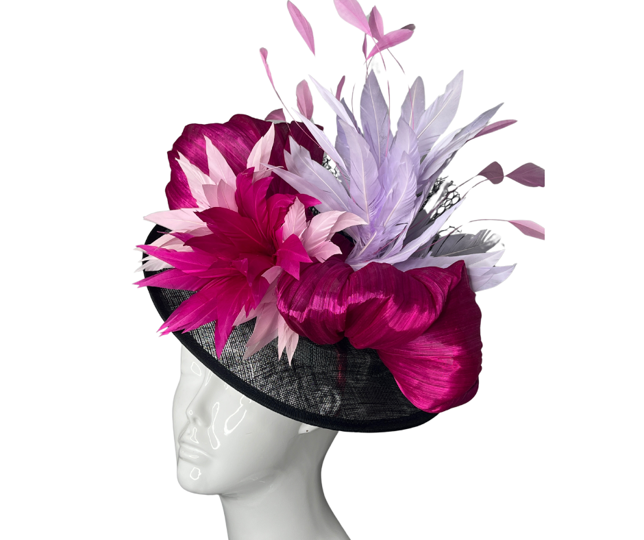 Dramatic Fuchsia & Black Fascinator – Derby Hat, Wedding Headpiece, Tea Party Hat