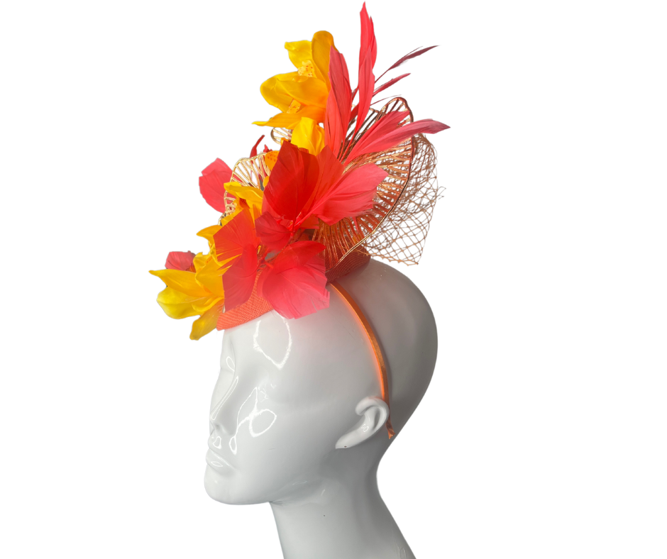 Fiery Bloom Fascinator Statement Headpiece with Orange and Yellow Flowers with Feather Accents