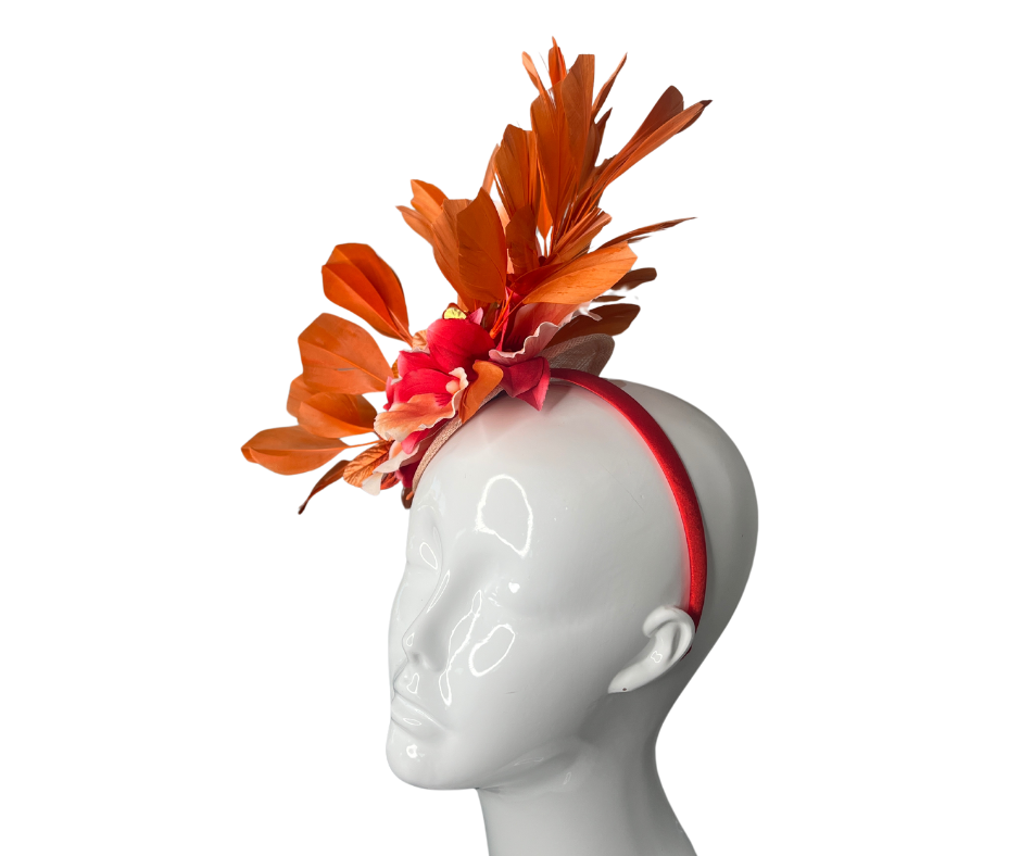 Ember Elegance Orchid and Feather Fascinator