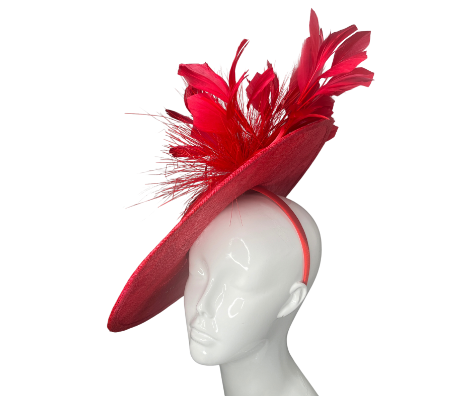 Elegant Red Butterfly Fascinator Hat Statement Wide Brim with Feathers and Embellished Detail