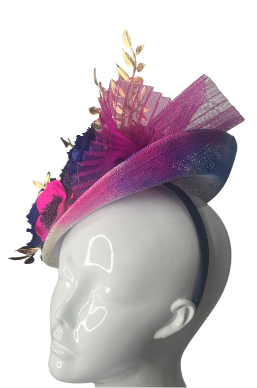 Midnight Bloom Fuchsia and Navy Fascinator with Gold Accents