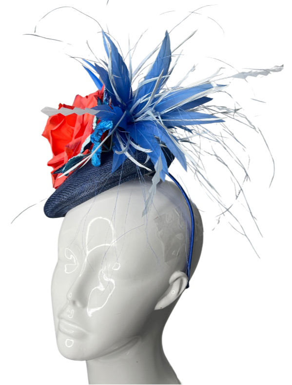 Midnight Bloom Fascinator Navy and Coral Floral Statement Headpiece