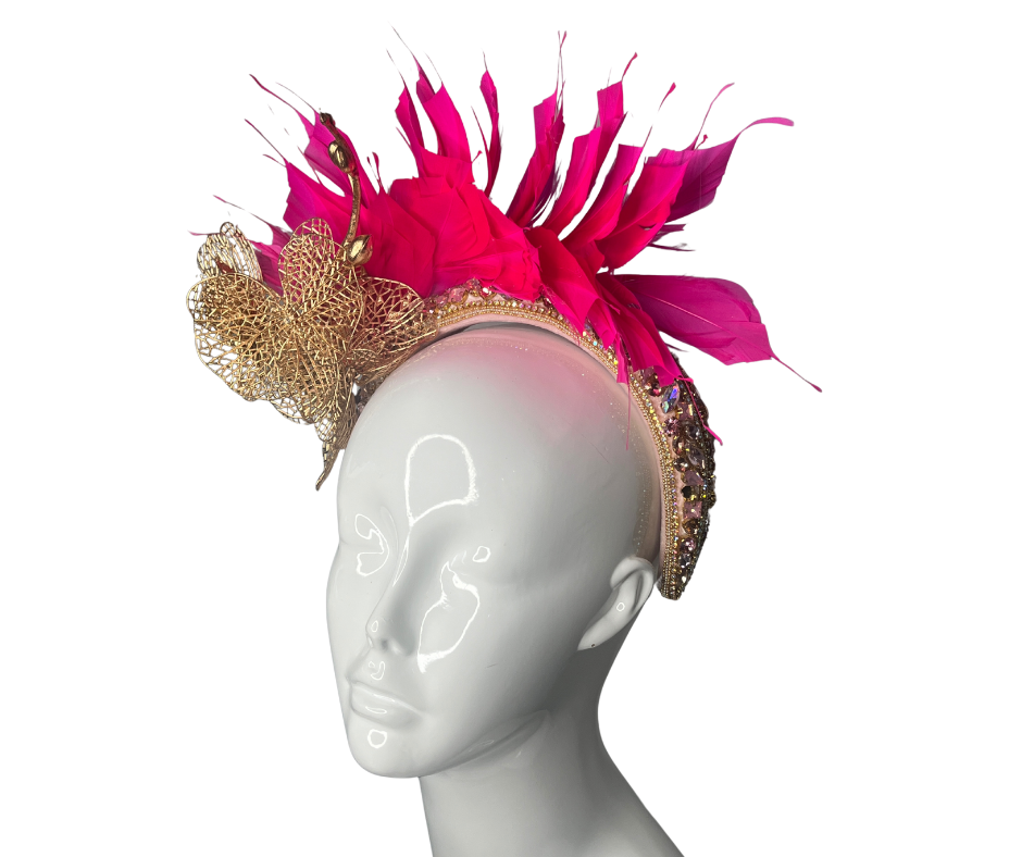 Luxury Pink Feather and Gold Orchid Fascinator Headpiece