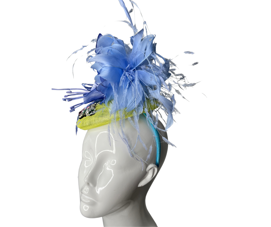 Title: Elegant Blue and Yellow Feather Fascinator Statement Hat for Derby, Weddings and Special Events