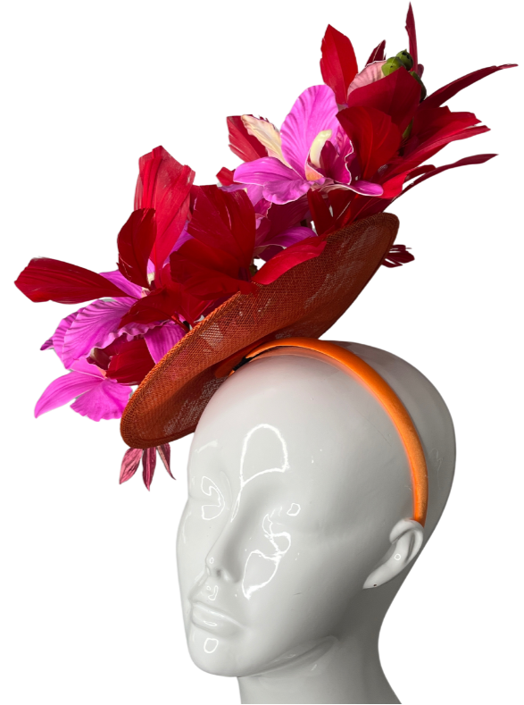 Bold Red and Pink Orchid Fascinator Statement Floral Headpiece for Derby and Special Events