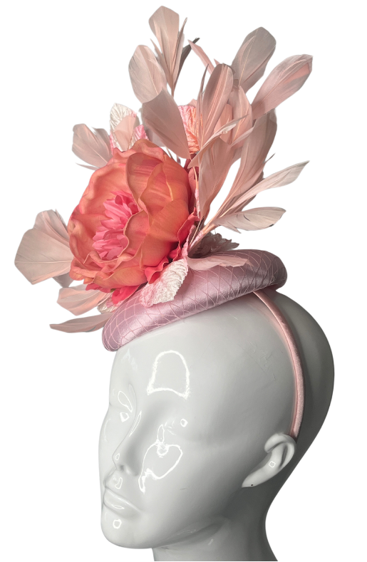Blush Pink Floral Fascinator Elegant Statement Hat with Feathers and Bloom