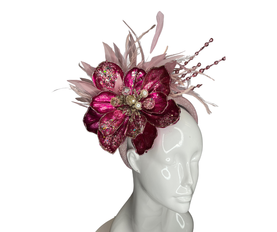 Magenta Flower, Pink Feathers and Pink Glitter Headband Fascinator
