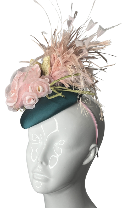 Deep Teal & Blush Pink Fascinator β Derby Hat, Wedding Headpiece, Elegant Millinery