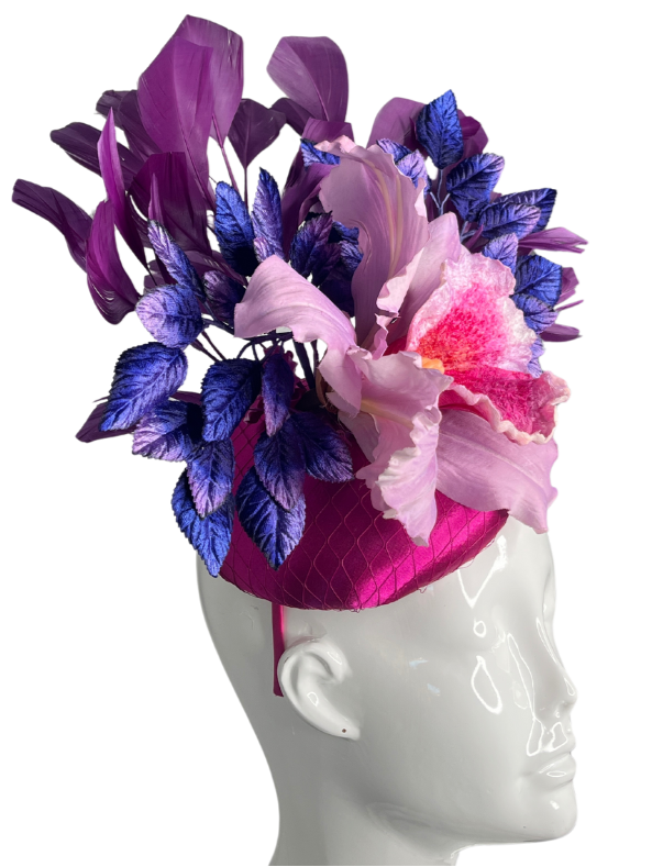 Elegant Orchid Fascinator Headpiece Purple and Pink Statement Hat