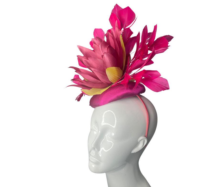 Fuchsia Bloom Fascinator Bold Statement Headpiece with Feathered Floral Design
