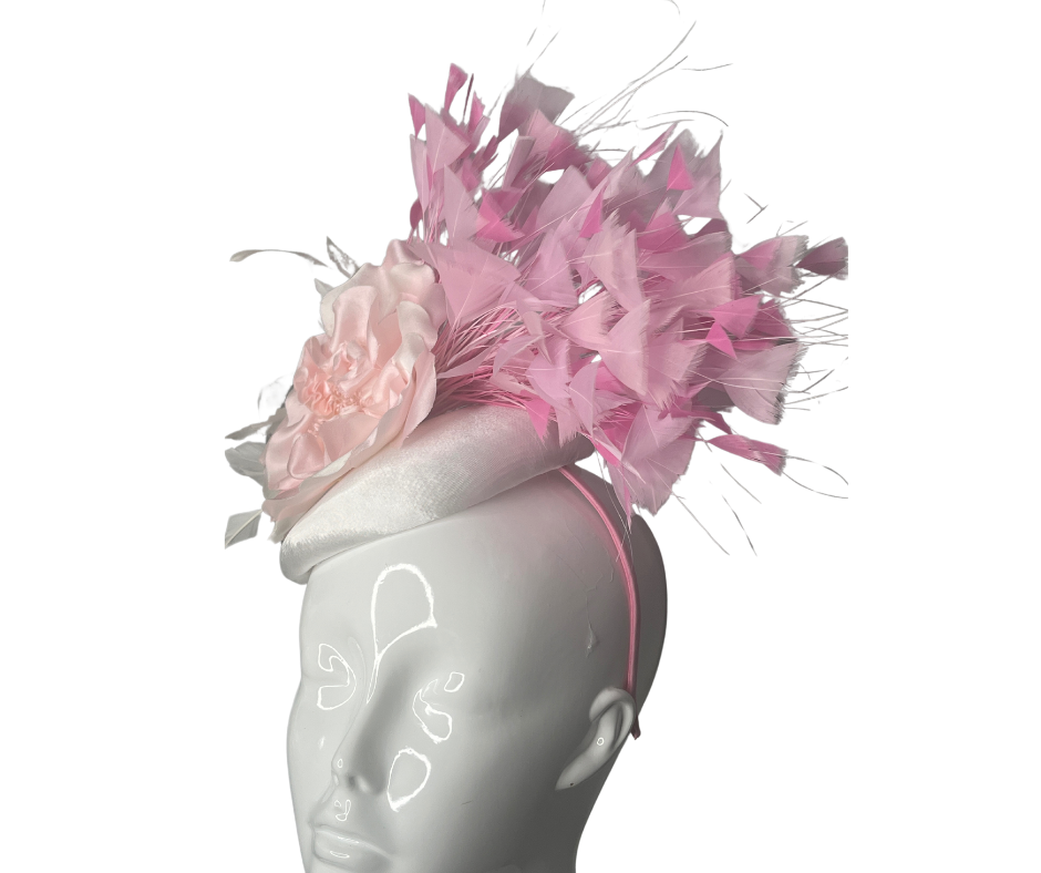 Elegant Pink & White Feather Fascinator β Derby Hat, Wedding Headpiece, Couture Millinery