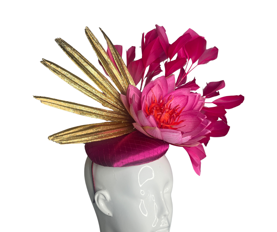 Hot Pink Feathers Pink/Orange Floral Gold Embellishment Fascinator Hat