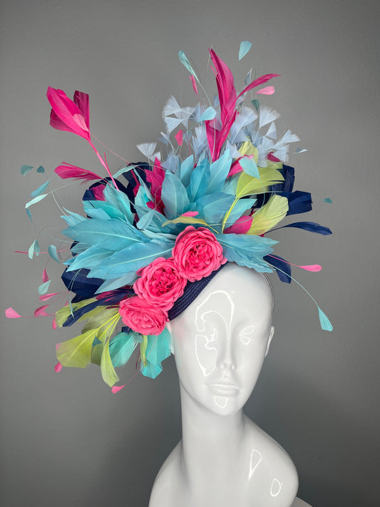 Tropical Sorbet Statement Fascinator | Aqua Blue Hot Pink Navy Derby Hat | Bold Floral & Feather Headpiece