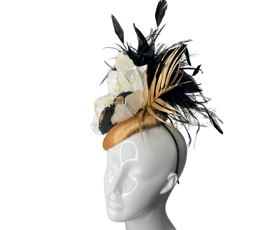Golden Elegance Derby Fascinator Luxe Black & Gold Headpiece with Feathers & Florals