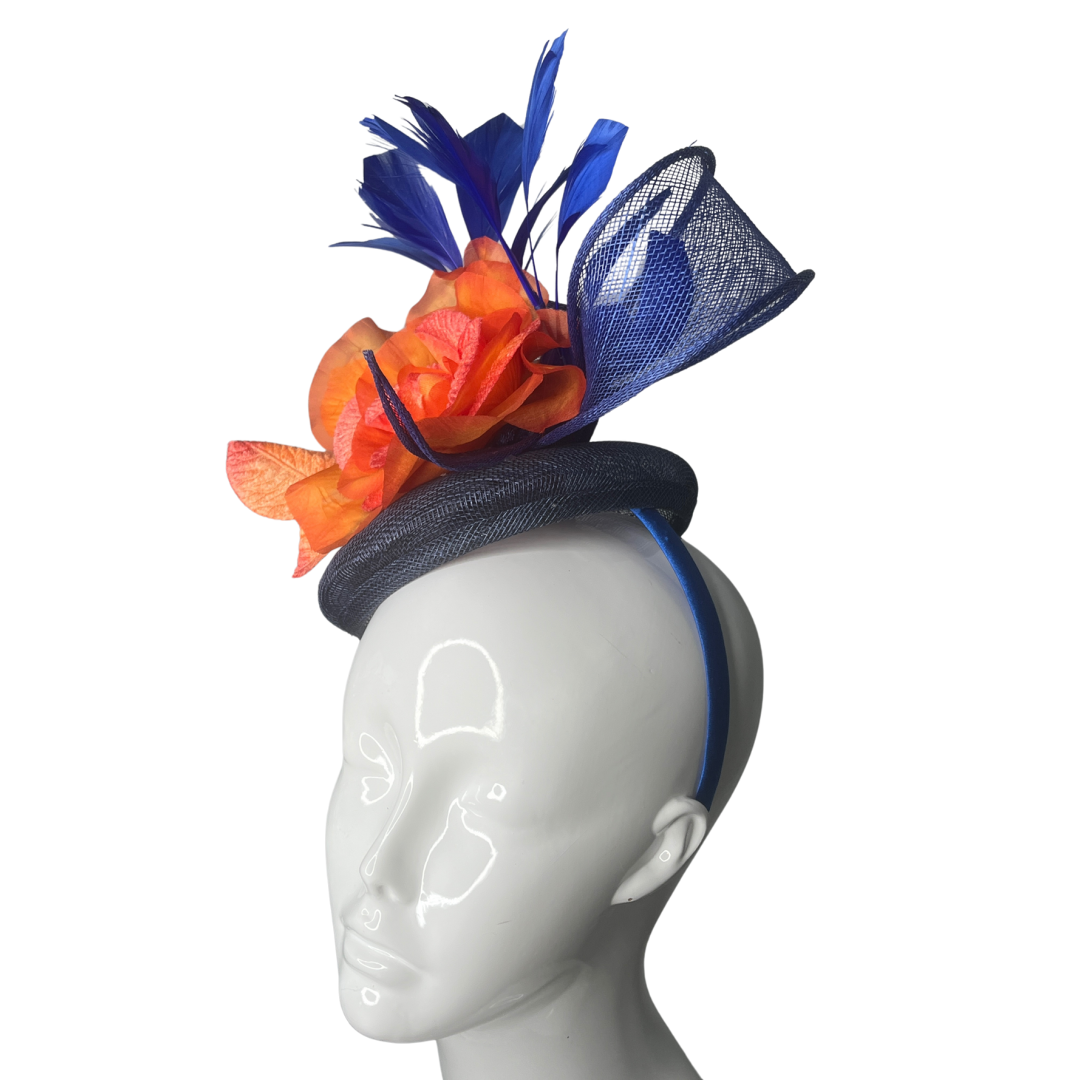 Fiery Elegance – Navy & Orange Fascinator
