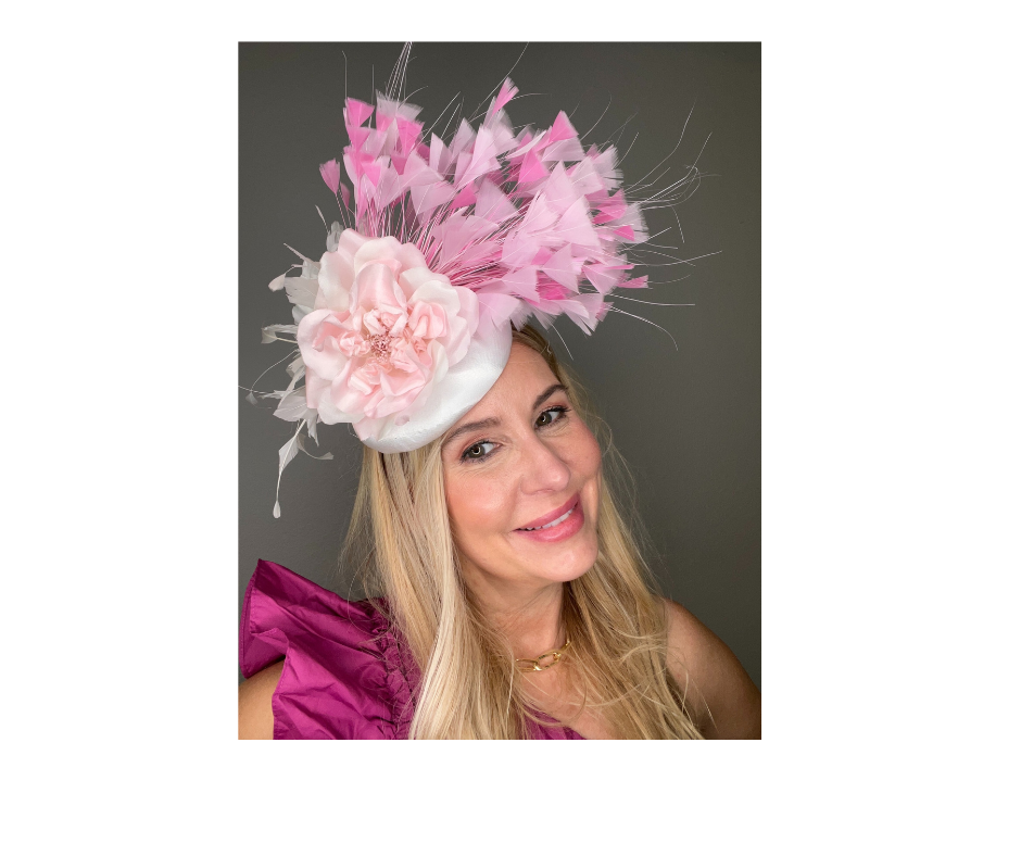 Elegant Pink & White Feather Fascinator β Derby Hat, Wedding Headpiece, Couture Millinery