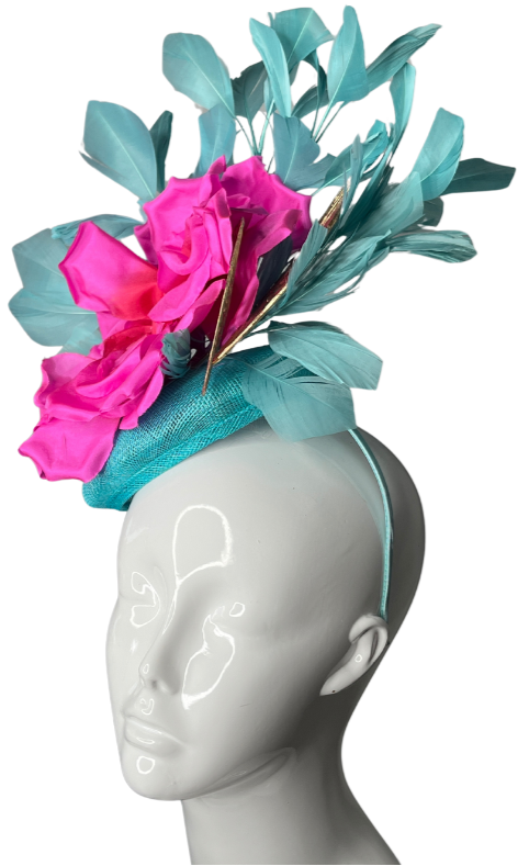 Tropical Bloom Feather Fascinator in Teal and Fuchsia