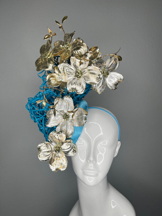 Turquoise Sculpted with Metallic Gold Dogwood Flowers Fascinator Hat